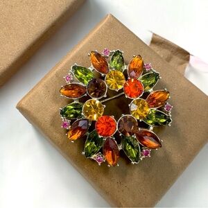 Emmons Vintage Large Rhinestone Brooch - Topaz, Orange, Green, Pink, Amber